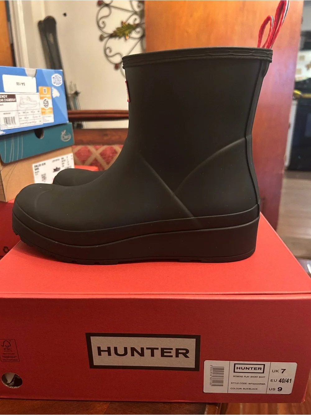 Hunter Matte Black Short Rain Boots with Red-Trim Pull Tabs